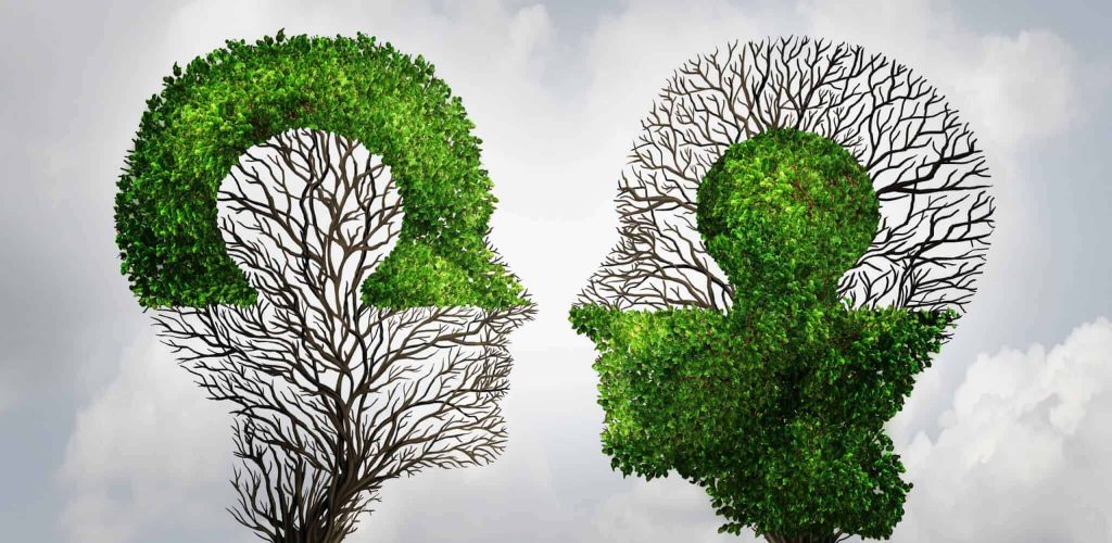 Perfect business partnership as a connecting puzzle shaped as two trees in the form of human heads connecting together to complete each other as a corporate success metaphor for cooperation and agreement as equal partners.